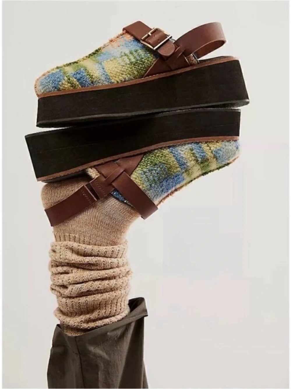 Free People Astrid Platform Mule in Blue Tweed Motif - Slides